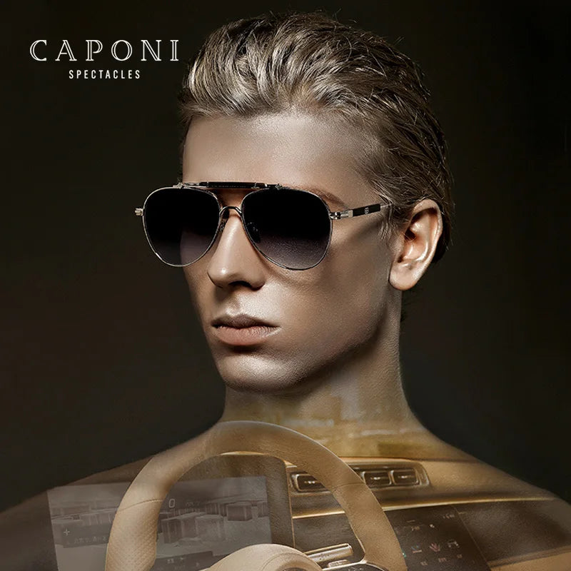 CAPONI HD Nylon Polarized Sun Glasses Pure Titanium Gradient UV400 Designer Eyewear Pilot Style Outdoor Men's Sunglasses CP7537