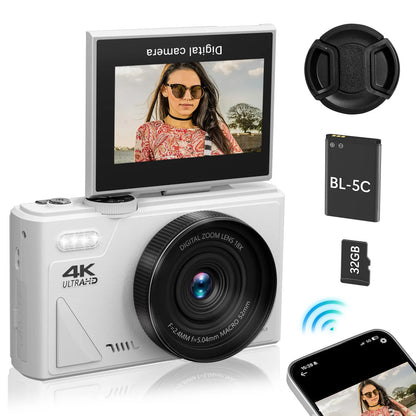 4K Digital Camera for Photography and 18X Digital Zoom Camera 64MP Compact Vlogging You Tube Camera 3'' Flip Screen  with Flash