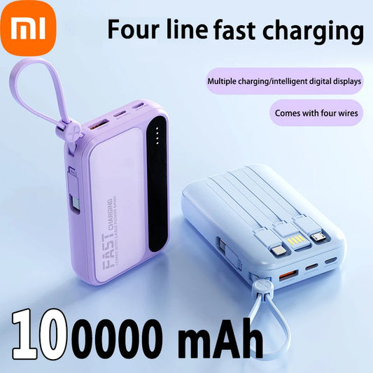 Xiaomi 100000mAh Large Capacity Power Bank Portable fast charging power bank with built-in 4 Cables Battery For IPhone Samsung