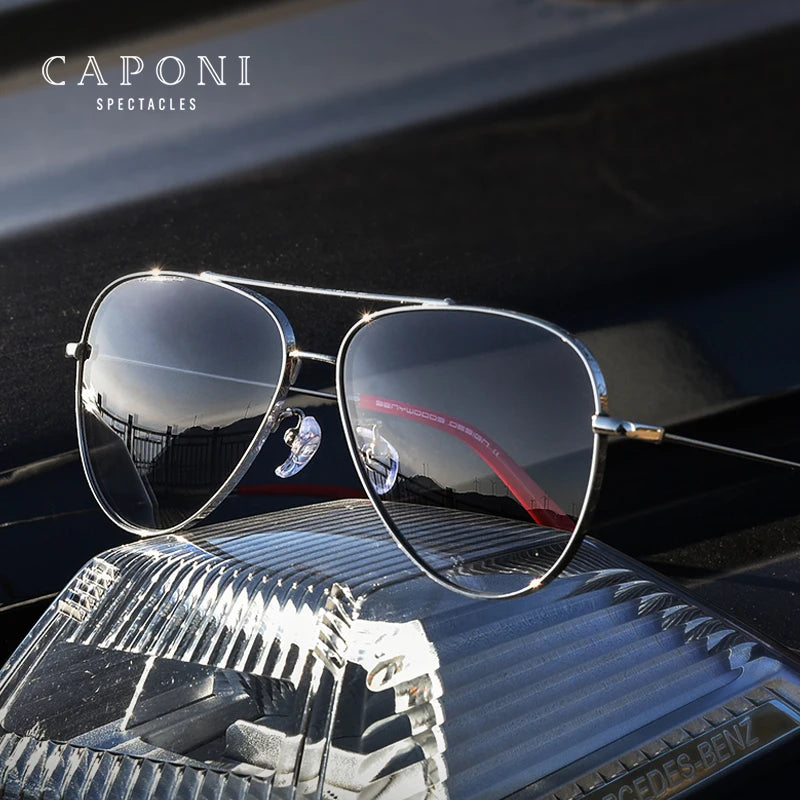 CAPONI Gradient Gray Men's Sunglasses Outdoor Fashion Travel Alloy Original Brand Sun Glasses For Male UV400 Protection CP7538