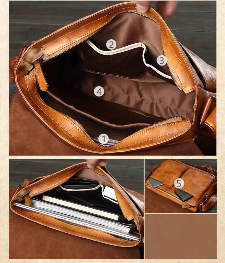 Business casual leather men's bag horizontal section cowhide vintage shoulder messenger bag men laptop bags postal briefcases