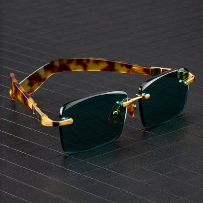 Green Rimless Glass Sunglasses Man Natural Crystal Stone Sun Glasses Woman Mineral Lens Acetate Frame Anti Scratch Top Quality