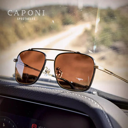 CAPONI Night Vision Men's Sunglasses Car Driving Square Pure Titanium Shades Photochromic Brown UV400 Sun Glasses BSYS21028