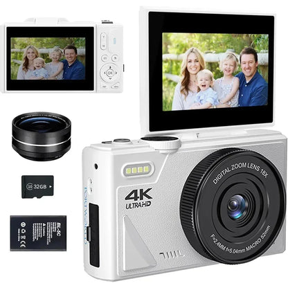 4K Video Camera 64MP with 18X Digital Zoom Flip Screen Selfie Webcam for YouTube Vlogging