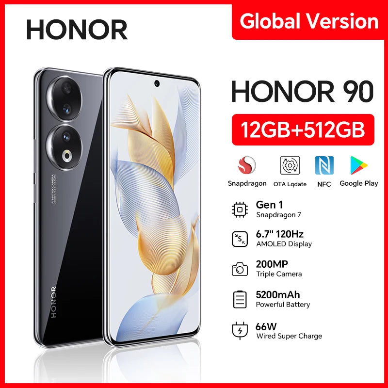 HONOR 90 5G 8GB 256GB 12GB 512GB 6.7” Amoled Screen, 200MP Triple Camera, Fast Charge, Android Smartphone