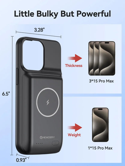 NEWDERY Portable Battery Case for iPhone 15 Pro Max/iPhone 15 Plus 10000mAh Magnetic Qi Wireless Charging Case Battery Pack