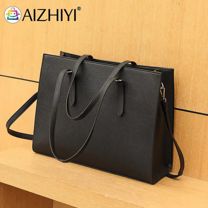 15.6 Inch Large Shoulder Bag PU Leather Computer Tote Bag Multipocket Large Capacity Waterproof Women Business Travel Handbag