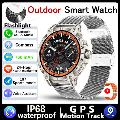 Military Smart Watch Men 760mAh Large Battery LED Flashlight Compass 1.8"HD Screen Heart rate Waterproof BT Call Smartwatch  New