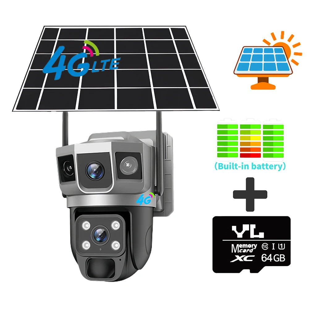 4G Solar IP Camera WIFI CCTV 12MP Dual Lens Triple Screen PTZ Auto Tracking 6K Curious Security Surveillance V380 Pro Camera