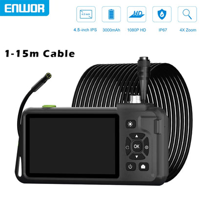 4.5'' IPS Endoscope Camera HD1080P Replaceable 15m Rigid Cable 5.0MP Autofocus Camera Waterproof Inspcection Car Sewer Borescope