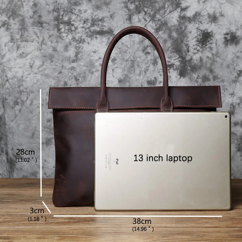 NZPJ Retro Men's Briefcase Leather Casual HandbagTop Layer Cowhide Business Tablet Bag Thin Clutch For 16-Inch Laptop