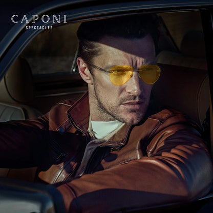 CAPONI Photochromic Brown Yellow Sunglasses Titanium Alloy Rimless Sun Glasses Pilot Night Vision Ultra-Light Eyewear BSYS22003