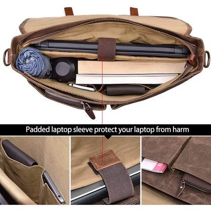 Laptop Bag Waterproof Vintage Genuine Leather Waxed Canvas