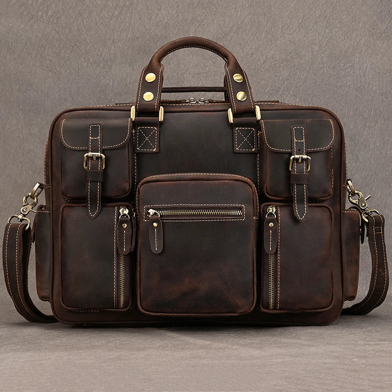 Vintage Men Crazy Horse Leather Briefcase Large Laptop Genuine Leather Business Bag Work Tote Travel Bag Cowhide Messenger Bag