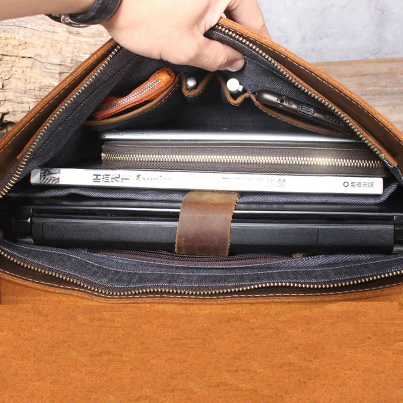 Luufan Men's Briefcase Genuine Leather A4 File Document Handbag Male Soft Cow Leather Laptop Shoulder Bag Business Computer Bag