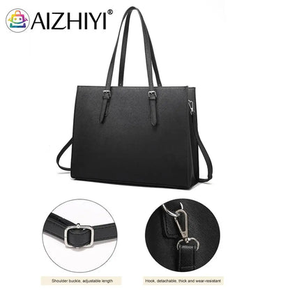 15.6 Inch Large Shoulder Bag PU Leather Computer Tote Bag Multipocket Large Capacity Waterproof Women Business Travel Handbag