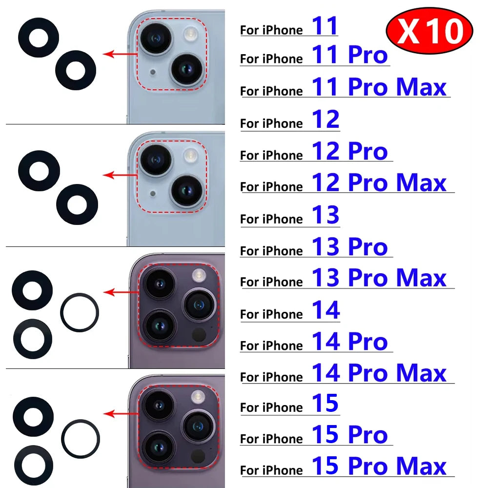 10Pcs/Lot,  For iPhone X XR XS 11 12 13 14 15 16 Pro Max Mini Plus Rear Back Camera Glass Lens With Ahesive