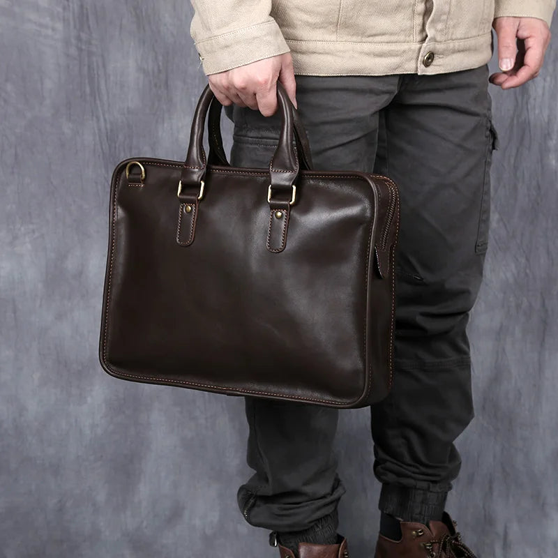 NZPJ Retro Men's Briefcase Leather Laptop Bag Top Layer Cowhide Casual Handbag 14 Inch Business Shoulder Bag Messenger Bag