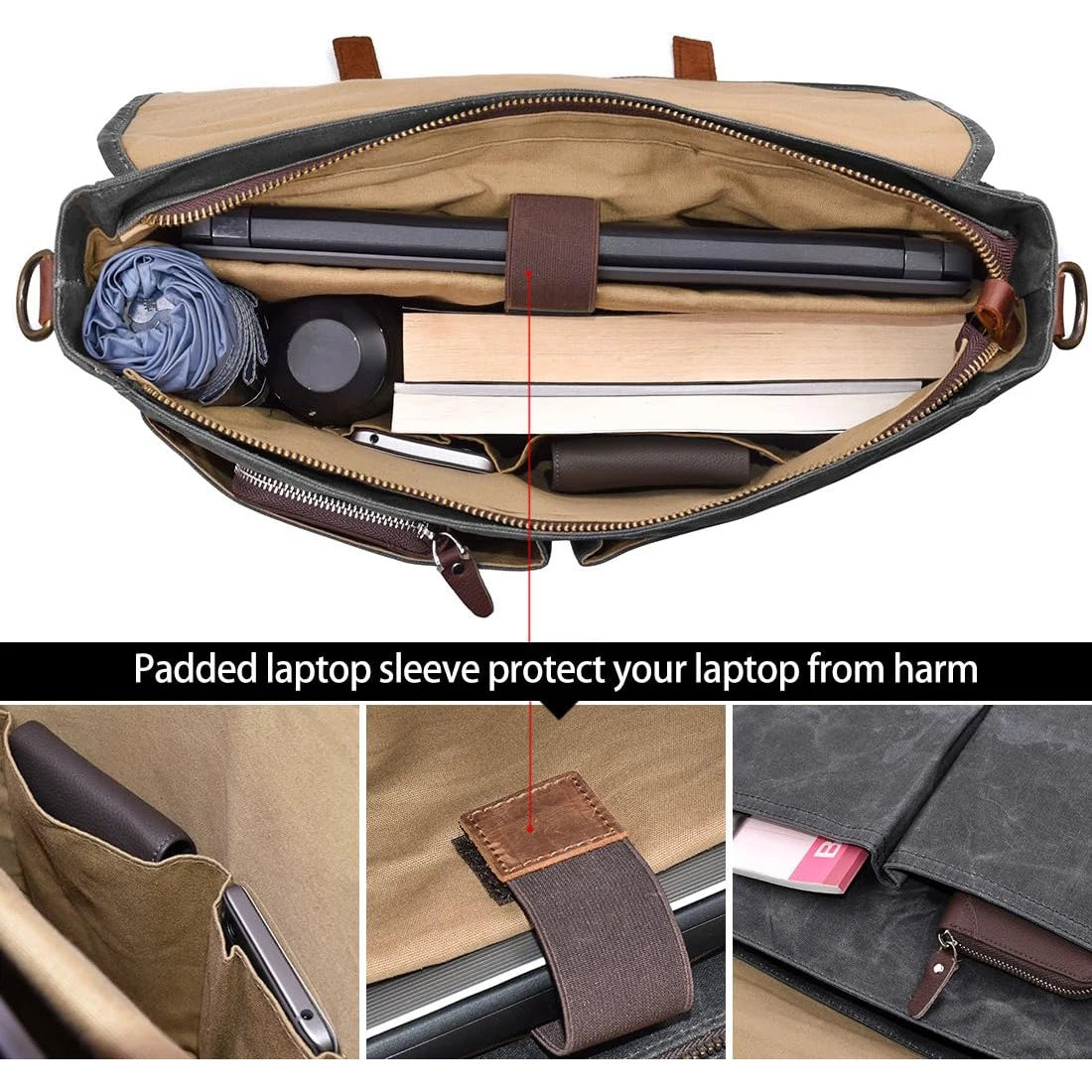 Large Capacity Men's Messenger Bag Sturdy Canvas Laptop Bag 15.6 Inch Waterproof Vintage Briefcase Crossbody Shoulder Bag