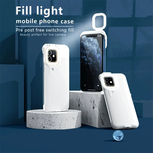 For IPhone 12 Pro 11 Ring Light Flash Mobile Phone Case Fill Lights Stable Flashlight Beauty Selfie Live Protective Sleeve Cover