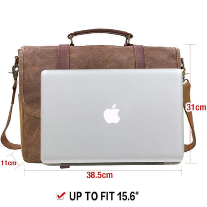 Laptop Bag Waterproof Vintage Genuine Leather Waxed Canvas