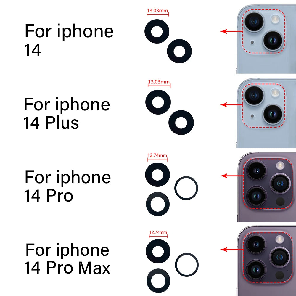 10Pcs/Lot,  For iPhone X XR XS 11 12 13 14 15 16 Pro Max Mini Plus Rear Back Camera Glass Lens With Ahesive