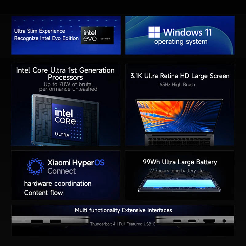 Xiaomi Laptop Redmibook Pro 16 2024 16" 3.1K 165Hz Intel Core Ultra 16/32GB RAM 1/2TB PCIe 4.0 SSD 140W Super Charge Notebook PC